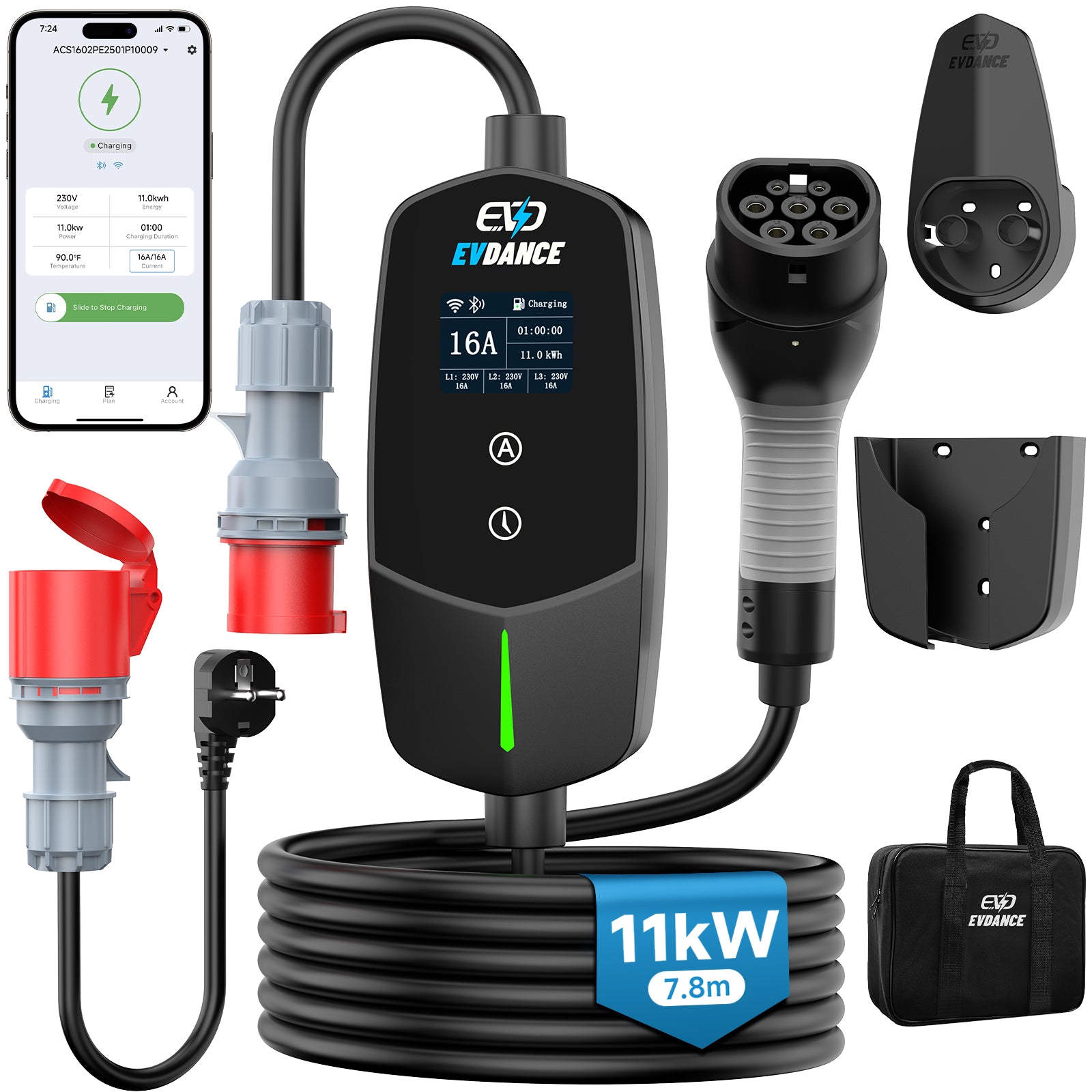 EVDANCE 11kW Mobile Wallbox with APP – 3 Phase Type 2 EV Charger, 16A | 7.86m Cable + Holder product photo from Evdances